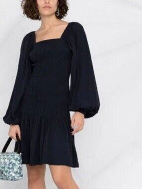GANNI Ripstop Navy Smocked Mini Dress Puff Peasant Sleeve Square Neck SZ 34 US 4
